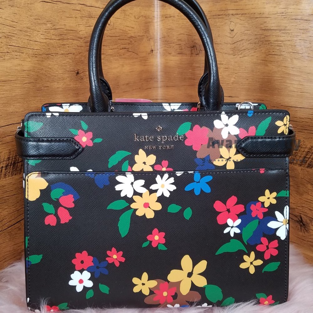 NWT Kate Spade Staci Sailing Floral Medium Satchel Crossbody Black Multi Flower